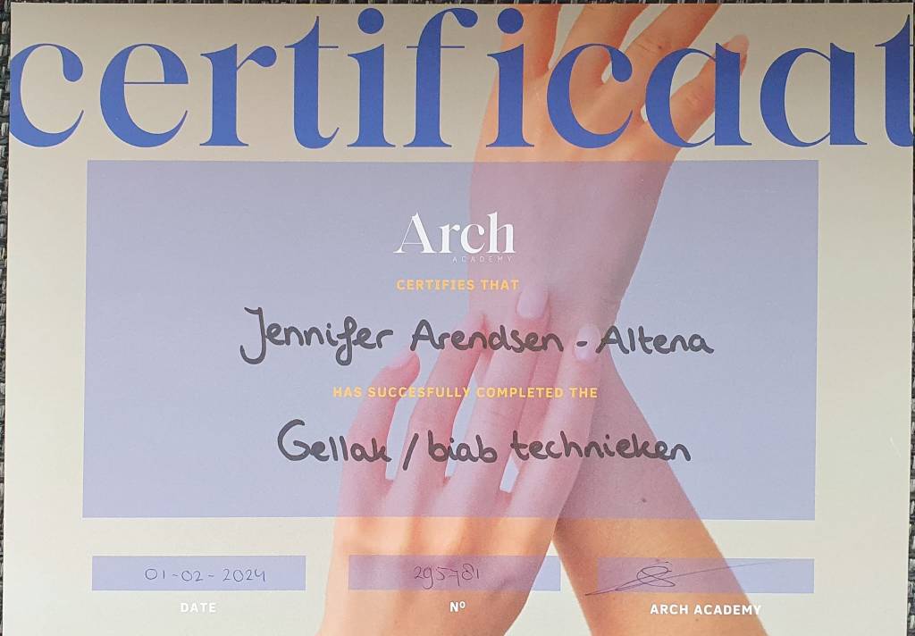 Certificaat voor de behandeling gellak en biab technieken.