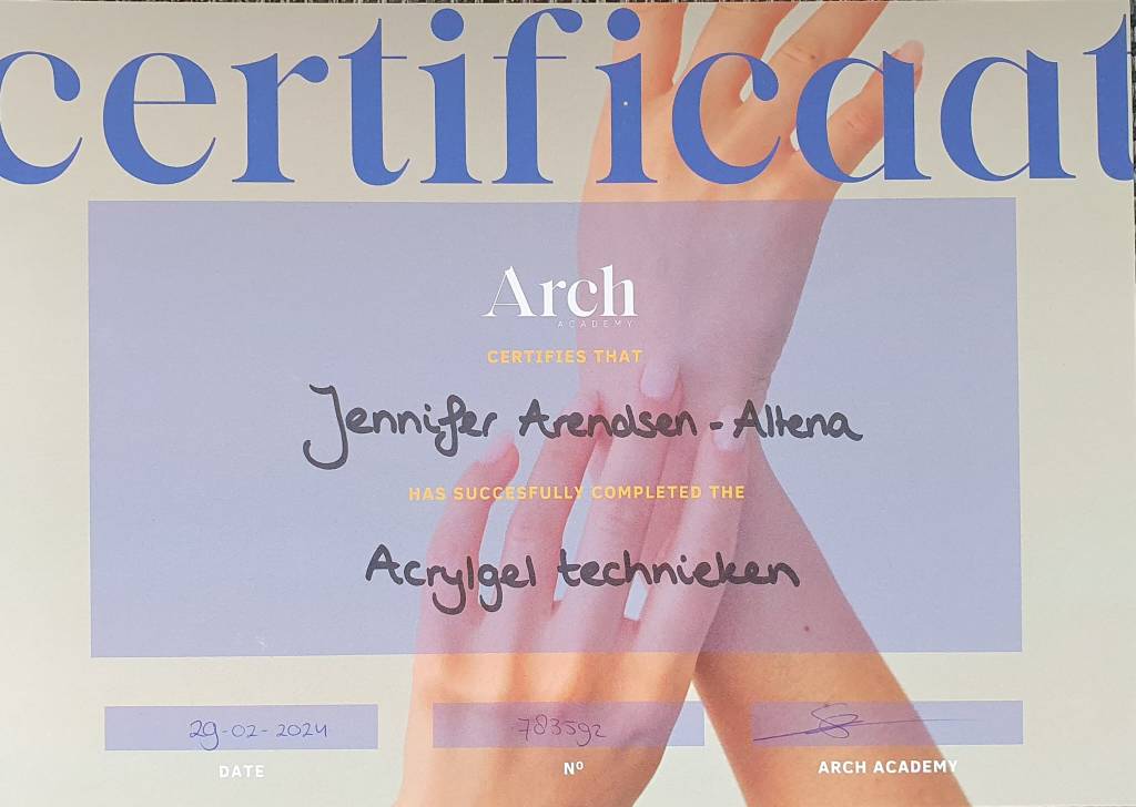 Certificaat voor Acrylgel technieken.